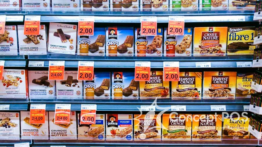 Concept P.O.S. merchandising equipment, price ticket moldings, automatic pusher systems