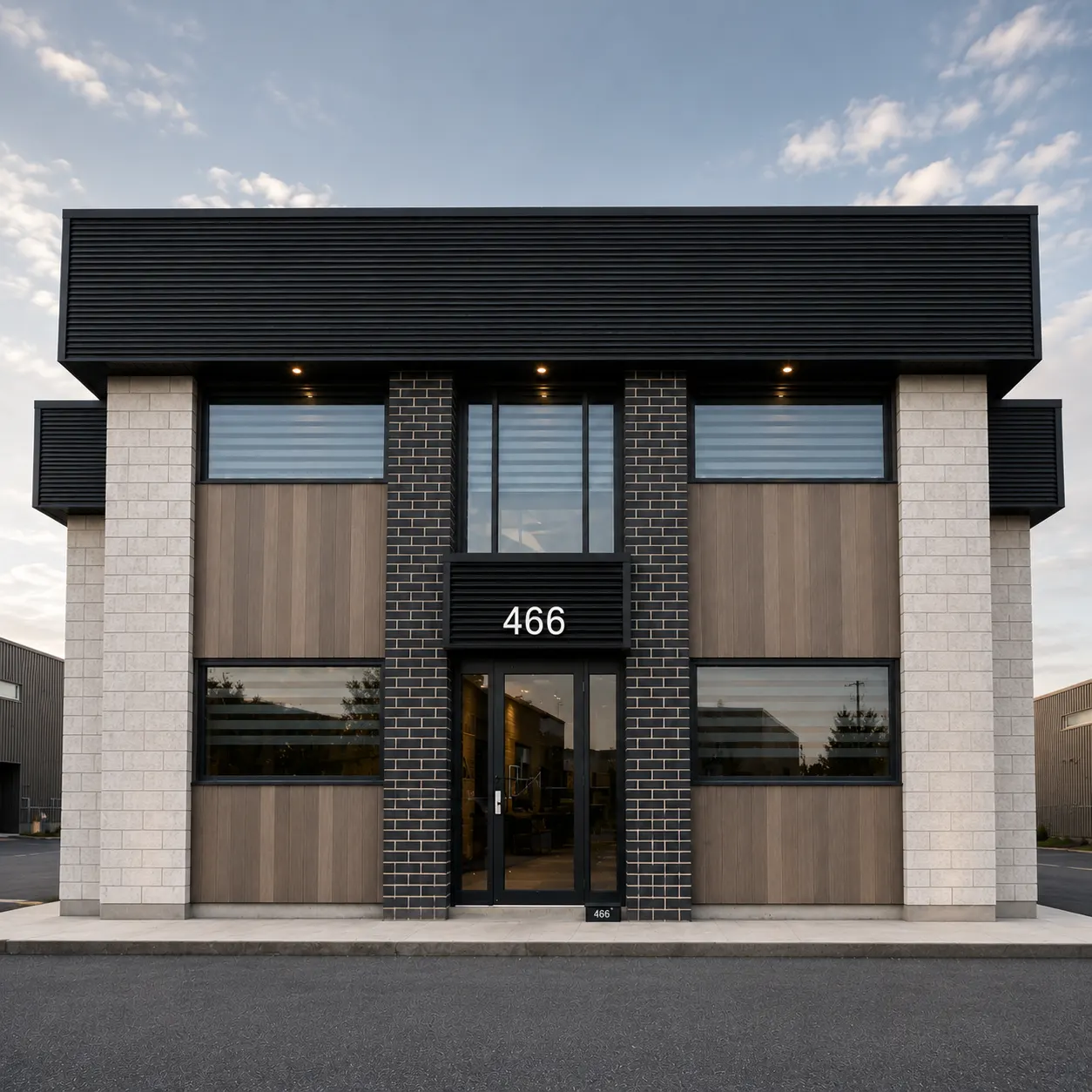 Façade d'immeuble commercial — Poussoirs à tablettes et affichage de prix | Concept P.O.S. Façade d'un immeuble commercial en brique claire, auvent noir et entrée vitrée au numéro 466